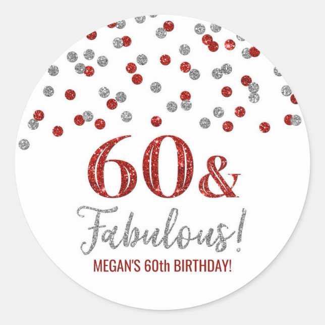 Sticker Rond 60 & Fabuleux Anniversaire Rouge Argent Confetti (Devant)