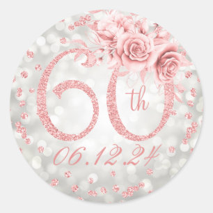 Sticker Rond 60e anniversaire de fête Lumières Rose Gold Silver