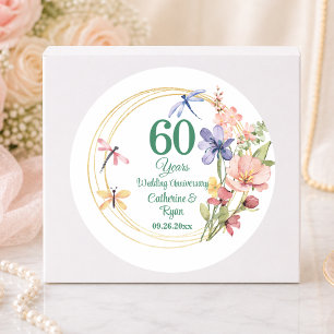 Sticker Rond 60e Anniversaire de Mariage Cadre Floral en Or