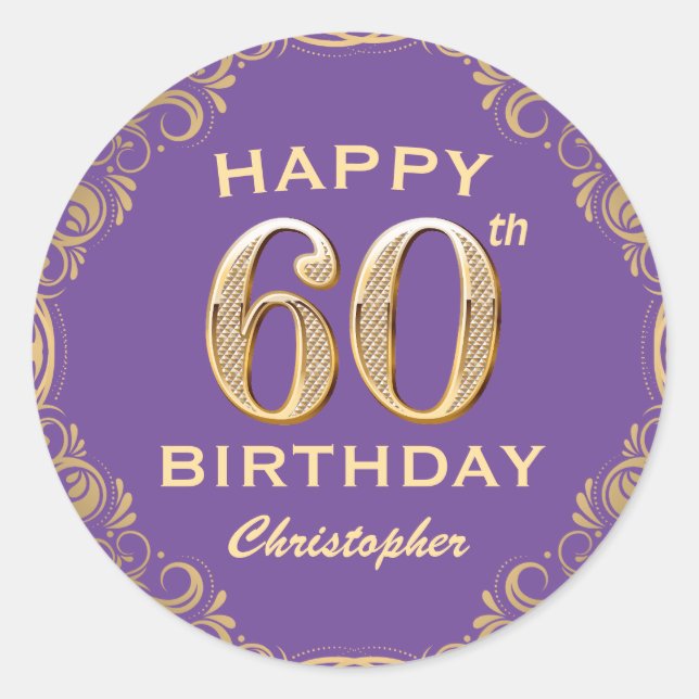 Sticker Rond 60e anniversaire fête violet et Parties scintillan (Devant)