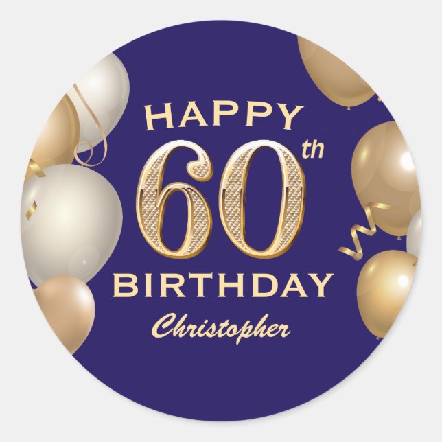Sticker Rond 60e Anniversaire Marine Bleu et Ballons d'or (Devant)