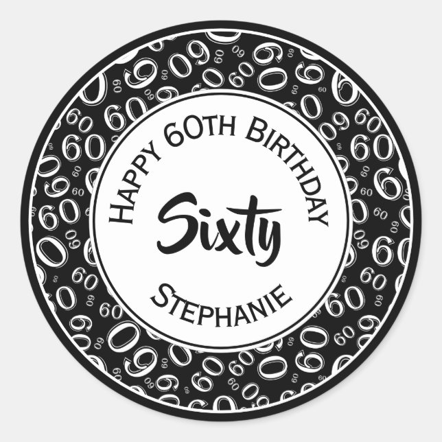 Sticker Rond 60e anniversaire Numéro Motif 60 Noir et blanc (Devant)