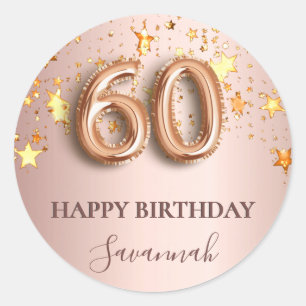 Sticker Rond 60e anniversaire rose or étoiles rose ballon polic