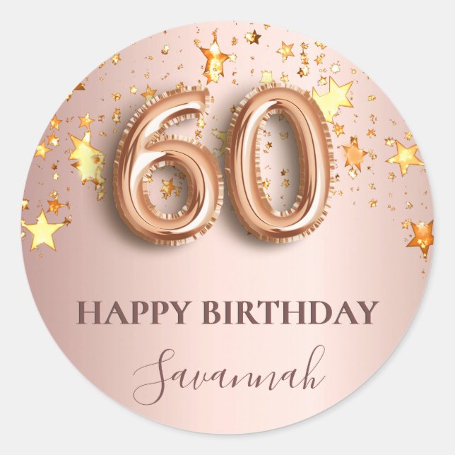 Sticker Rond 60e anniversaire rose or étoiles rose ballon polic (Devant)