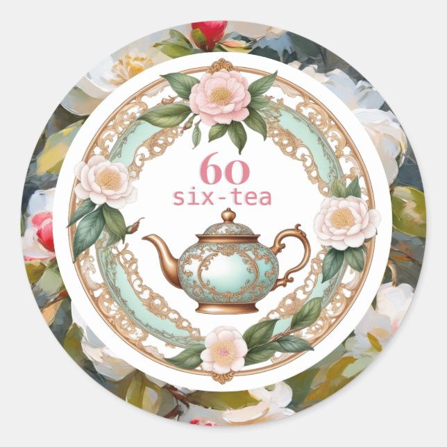Sticker Rond 60e anniversaire Soixante Thé Lover Leaf de théièr (Devant)