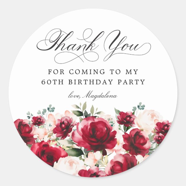 Sticker Rond 60e fête d'anniversaire Merci floral rose rouge (Devant)