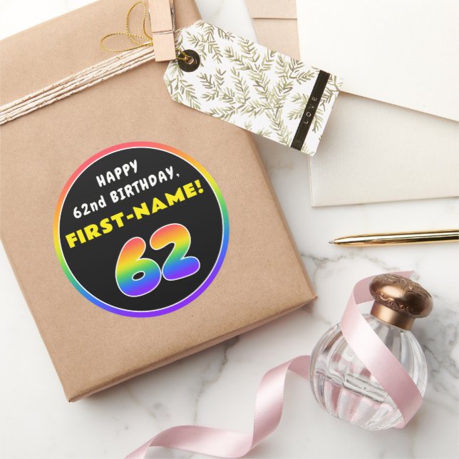 Sticker Rond 62e anniversaire : Arc-en-ciel coloré # 62, Nom pe (Cadeaux)