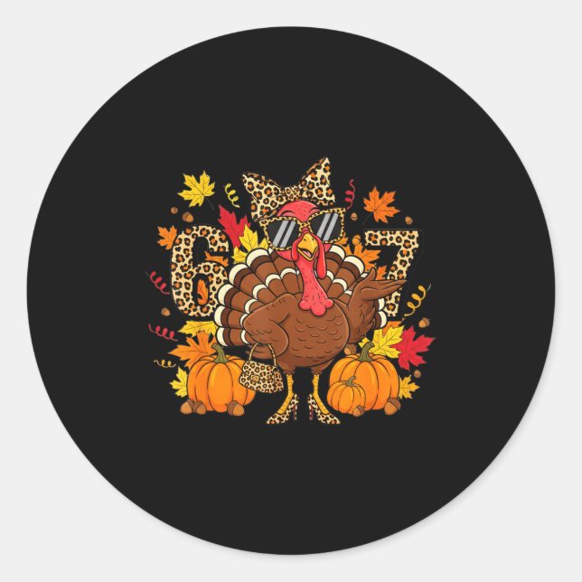 Sticker Rond 6 7 Thanksgiving Funny Leopard Bow Turkey Six Seve (Devant)