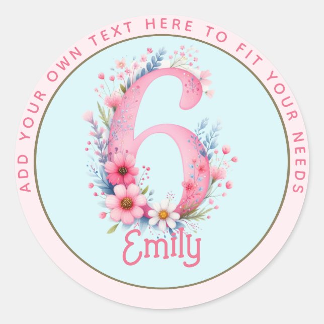 Sticker Rond 6e anniversaire Fairy Floral Pink Princess Fairyta (Devant)