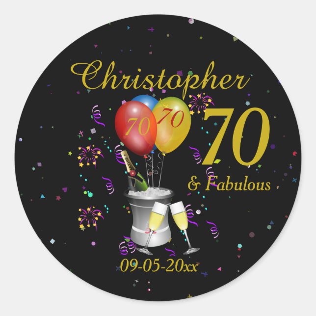 Sticker Rond 70e anniversaire Fête Noir (Devant)