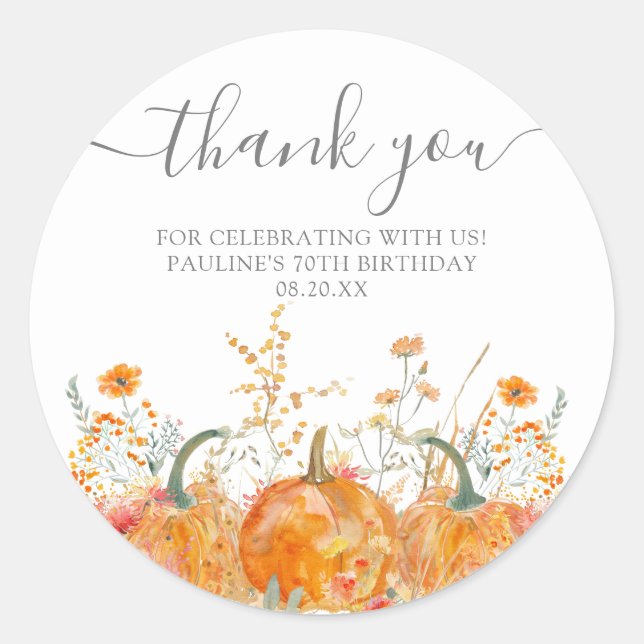 Sticker Rond 70e anniversaire Fleur sauvage Citrouille Merci pe (Devant)