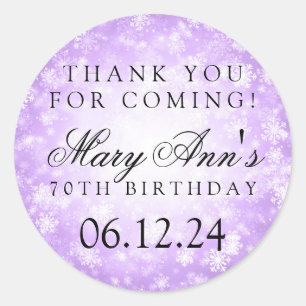 Sticker Rond 70e anniversaire Merci violet hiver Wonderland