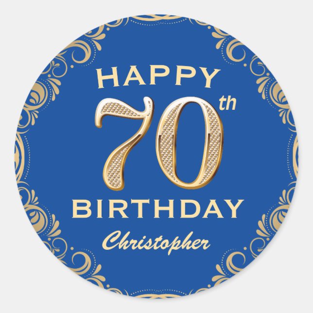 Sticker Rond 70e anniversaire Parties scintillant bleue et or c (Devant)