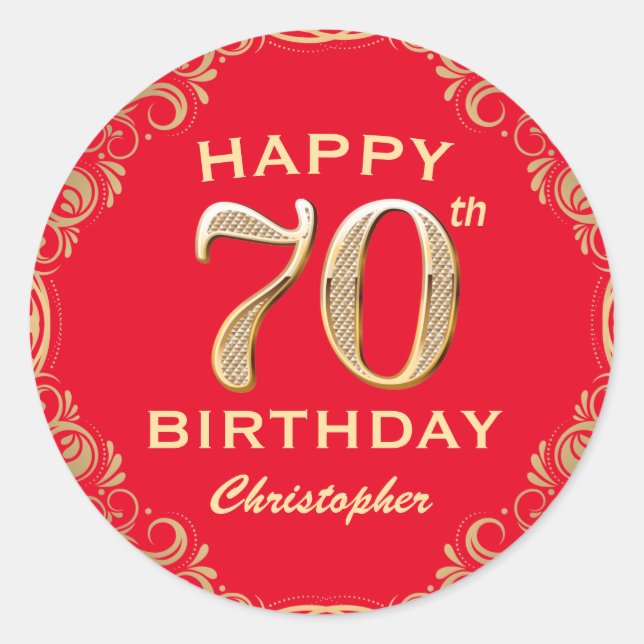 Sticker Rond 70e anniversaire Parties scintillant rouge et or (Devant)