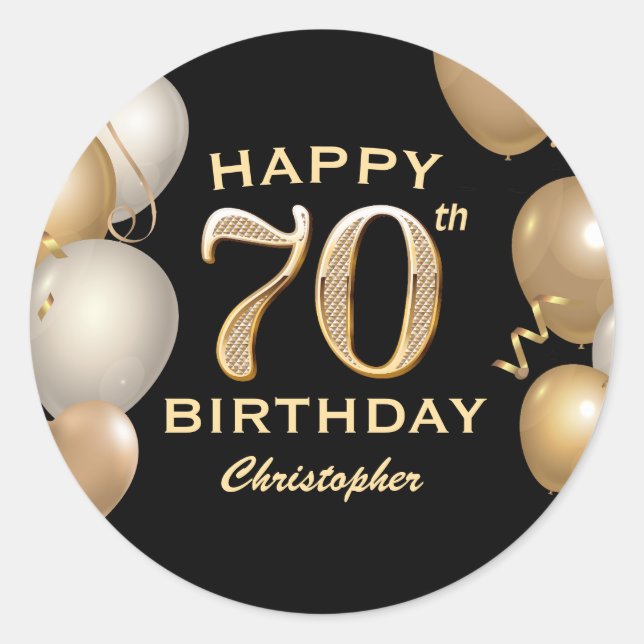 Sticker Rond 70e fête d'anniversaire Ballons noirs et or (Devant)