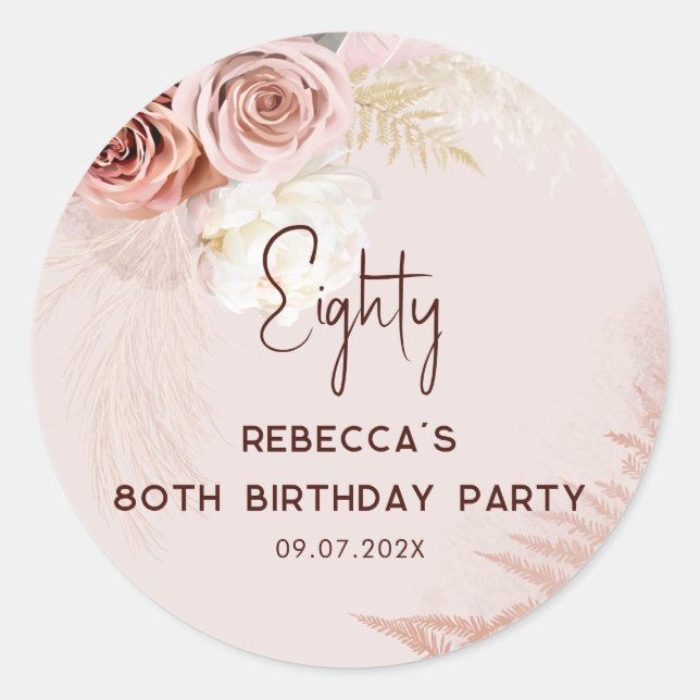 Sticker Rond 80e anniversaire de fête Pampas Grass Floral (Devant)
