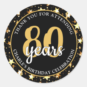 Sticker Rond 80e Anniversaire Étoiles Noires et Dorées MERCI