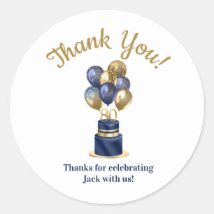 Sticker Rond 80e anniversaire Marine Blue Balloon Cake Merci