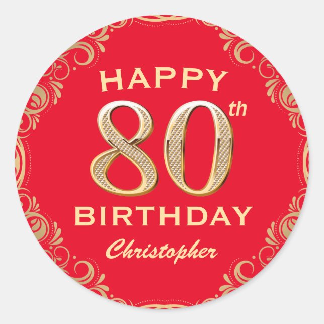 Sticker Rond 80e anniversaire Parties scintillant rouge et or (Devant)