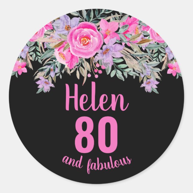 Sticker Rond 80e anniversaire rose aquarelle floral (Devant)