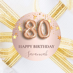 Sticker Rond 80e anniversaire rose or étoiles police de ballon 