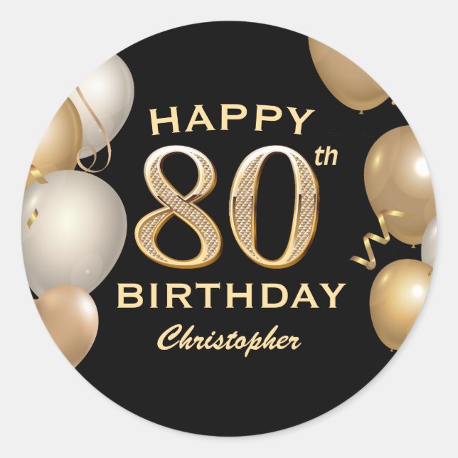 Sticker Rond 80e fête d'anniversaire Ballons noirs et or (Devant)