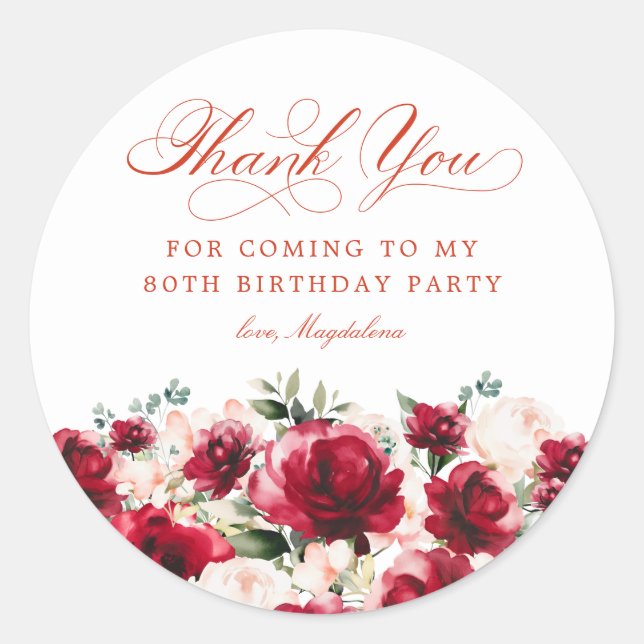 Sticker Rond 80e fête d'anniversaire Merci floral rose rouge (Devant)