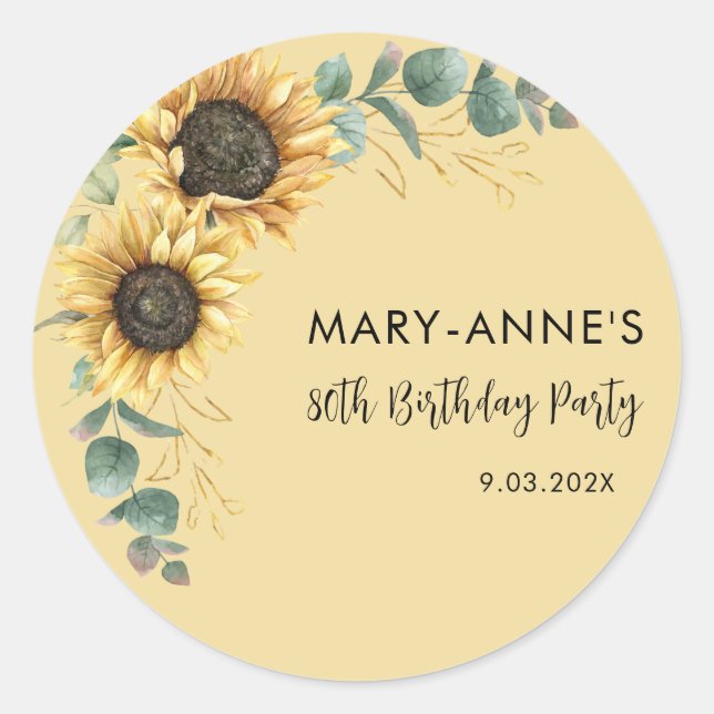 Sticker Rond 80e fête d'anniversaire tournesol floral (Devant)