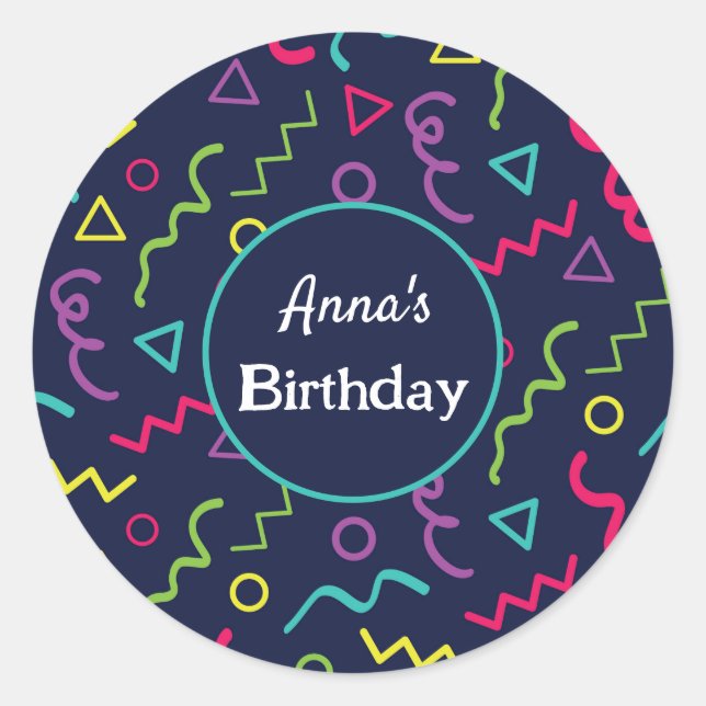 Sticker Rond 80s 90s Retro Neon Memphis Motif Anniversaire (Devant)