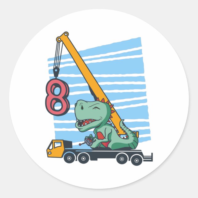 Sticker Rond 8 ans 8e anniversaire grue mobile Dinosaur (Devant)