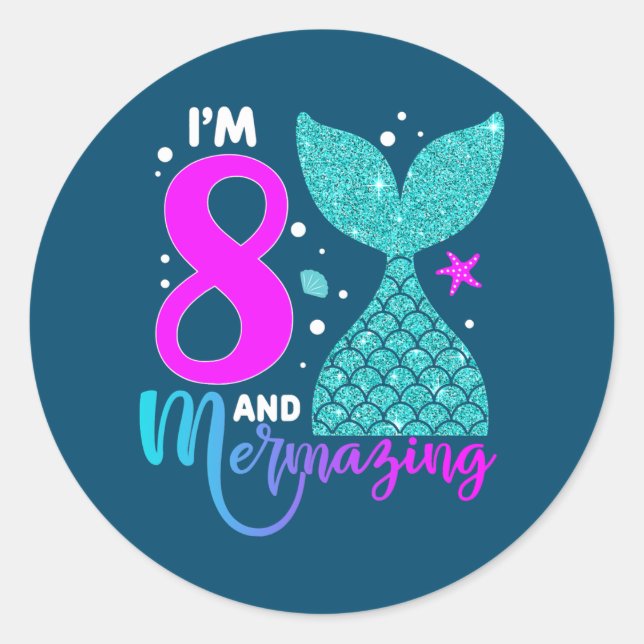 Sticker Rond 8 Ans Fille Deuxième 8e Anniversaire Sirène Deux (Devant)