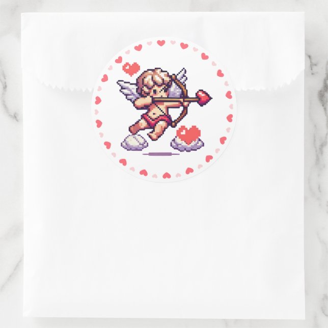 Sticker Rond 8 bit Valentine's day rétro cupid (Sac)
