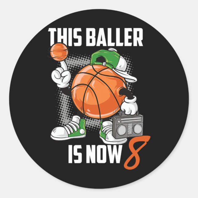 Sticker Rond 8e anniversaire Bysketbyll Joueur amusant 8 ans en (Devant)
