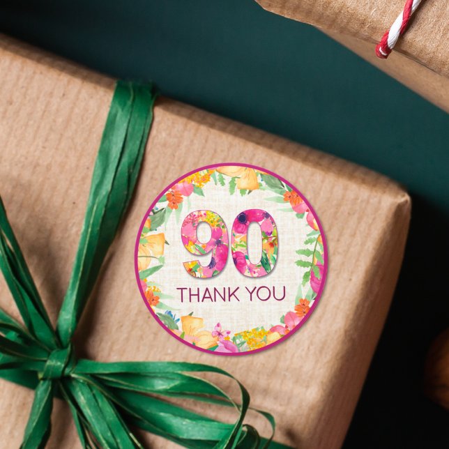 Sticker Rond 90 ans Fleurs Linge 90e anniversaire Merci (Créateur téléchargé)