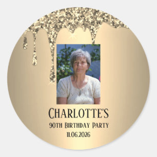 Sticker Rond 90e Anniversaire Elégant Fête d'Anniversaire Or