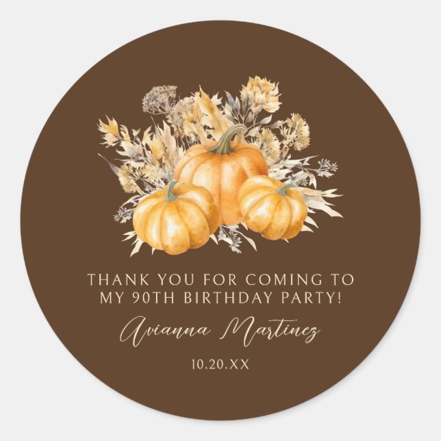 Sticker Rond 90e anniversaire Rustic Citrouille Automne Merci F (Devant)