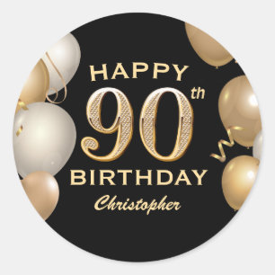 Sticker Rond 90e fête d'anniversaire Ballons noirs et or
