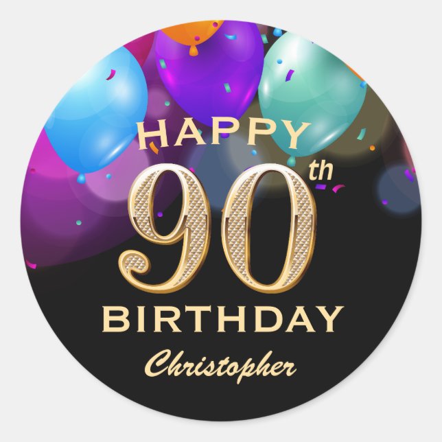 Sticker Rond 90e fête d'anniversaire Ballons noirs et or (Devant)