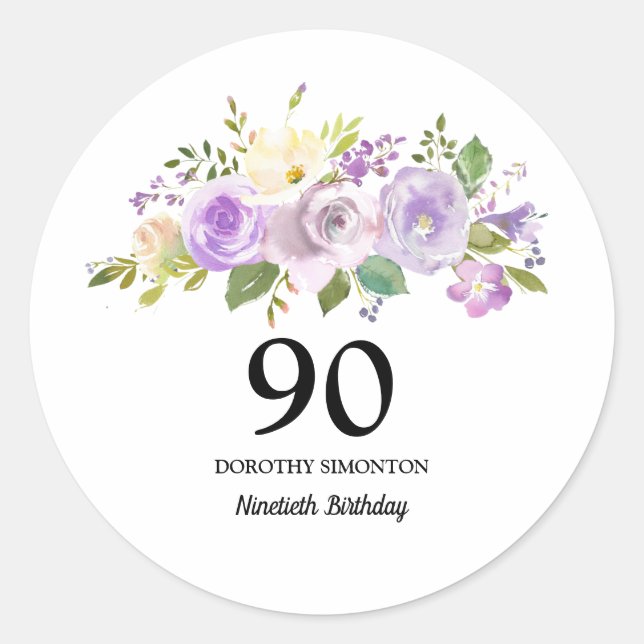 Sticker Rond 90e fête d'anniversaire Rose violet Floral (Devant)