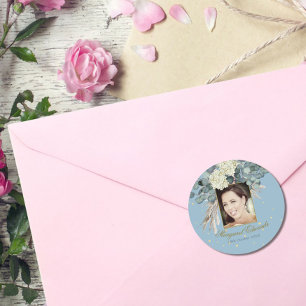 Sticker Rond 90ème Floral Blue Gold Elegant Photo Anniversaire