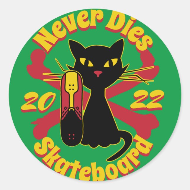 Sticker Rond 90s, skateboard cat, skateboard ne meurt jamais (Devant)