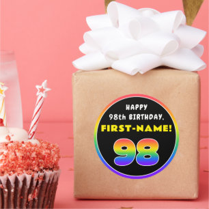 Sticker Rond 98e anniversaire : Arc-en-ciel coloré # 98, Nom pe