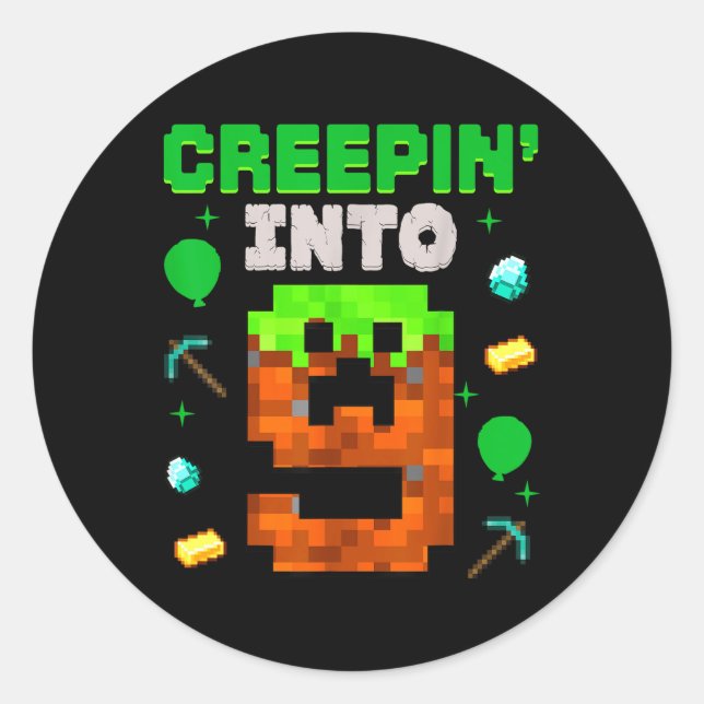 Sticker Rond 9e Anniversaire Gamer Pixel Creepin’ In 9 Video Ga (Devant)