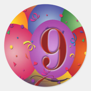 Sticker Rond 9ème Ballons colorés de fête d'anniversaire