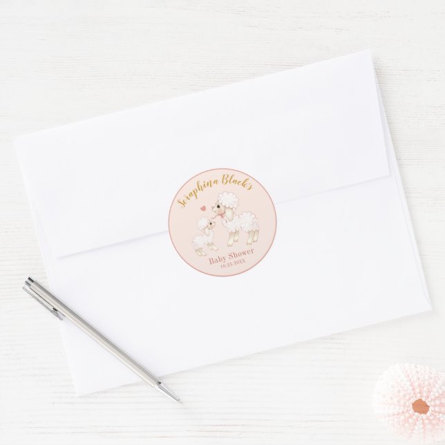 Sticker rond à Baby shower de mouton rose doux (Enveloppe)
