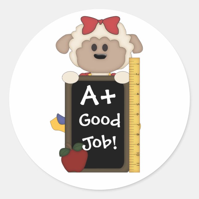 Sticker Rond A+ Bon Travail ! - Mignonne Mouton (Devant)