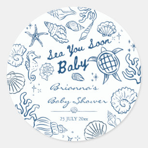 Sticker Rond À la mer bientôt coquillages garçon plage baby sho