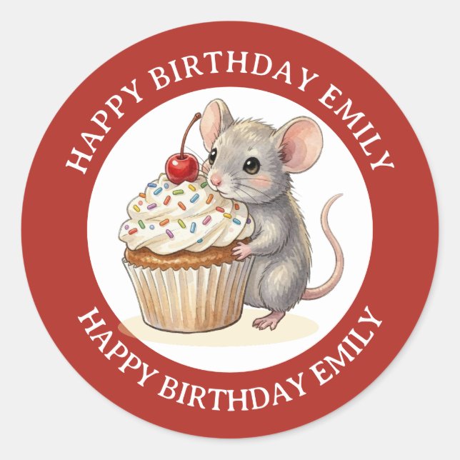 Sticker Rond A Personalized Birthday Mouse with Cupcake (Devant)