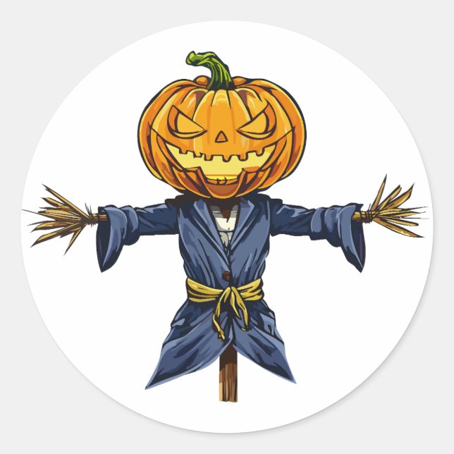 Sticker Rond A spooky Halloween scarecrow with a glowing pumpki (Devant)