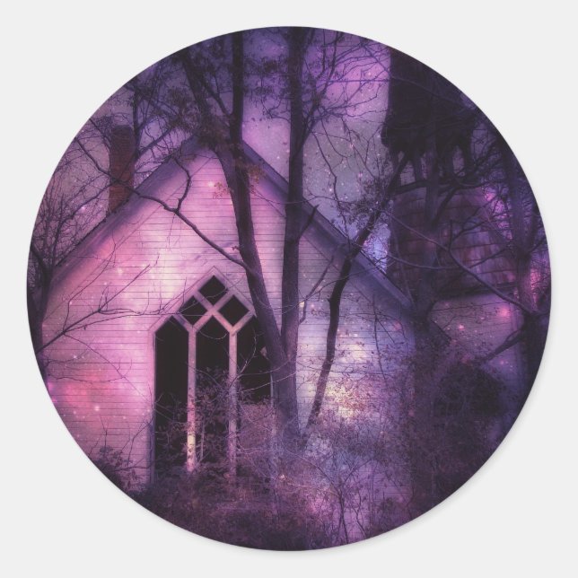 Sticker Rond Abandon de l'église Purple Night Sky Art numérique (Devant)